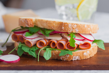 Closeup of a delicious sandwich of ham and cheese