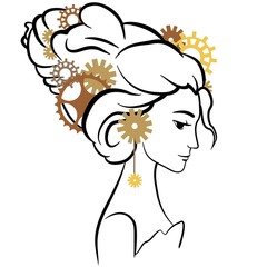 Beautiful woman. Gears in hair. Vector illustration. 