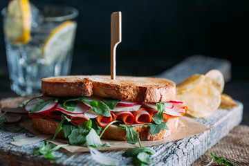 Closeup of a delicious sandwich of ham and cheese