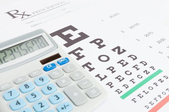 Table for eyesight test and medical prescription form with calcu