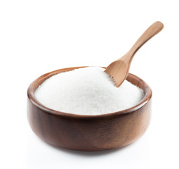 Fototapeta White sugar in wood bowl on white background obraz