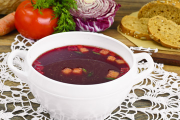 Healthy Food: Soup with Beets, Tomato and Vegetables
