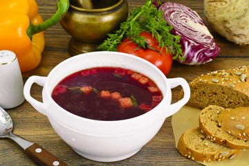 Healthy Food: Soup with Beets, Tomato and Vegetables