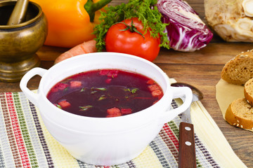 Healthy Food: Soup with Beets, Tomato and Vegetables