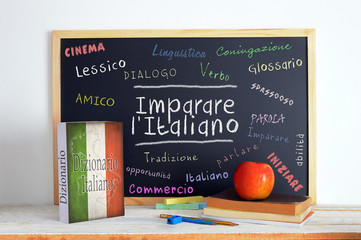 Blackboard in an Italian language classroom with the message LEARN ITALIAN (Imparare l' Italiano) and some other linguistic words.