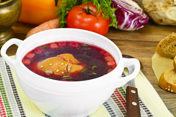 Healthy Food: Soup with Beets, Tomato and Vegetables