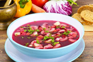 Healthy Food: Soup with Beets, Tomato and Vegetables
