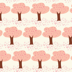 Cherry Blossom tree with petal drop on the ground seamless illustration