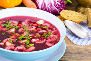 Healthy Food: Soup with Beets, Tomato and Vegetables