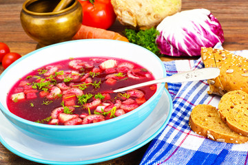 Healthy Food: Soup with Beets, Tomato and Vegetables