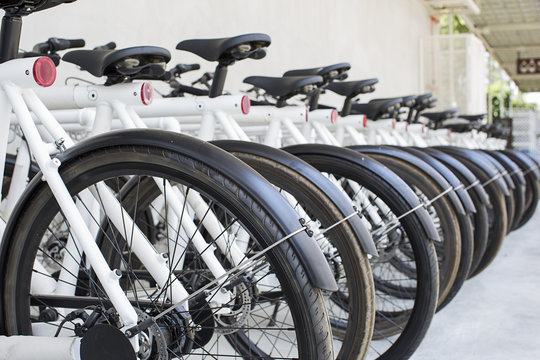 Fototapeta Group of bikes in parking in the city
