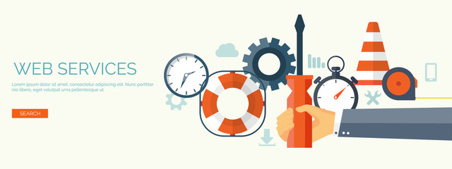 Vector illustration. Flat background. Web service. Mechanical tools. Development, smart solutions.