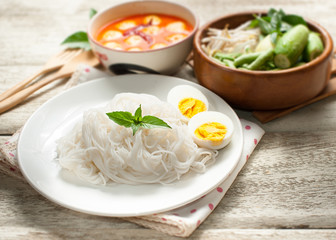 Thai rice vermicelli on wooden table