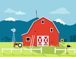 Country scene with a red barn, windmill and a tractor, EPS 8 vector illustration, no transparencies