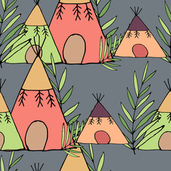 Tepee seamless pattern. Wigwam native american summer tent illustration in vector. Indian background. © fediadjen