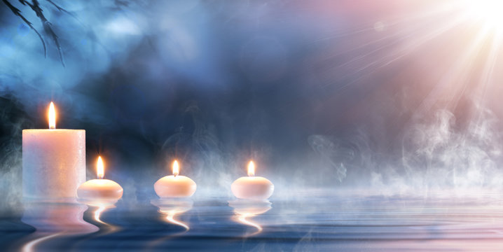 Meditation In Spiritual Zen Scenery - Candles On Thermal Water
