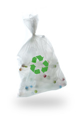 garbage bag with plastic bottles on a white background.,recyclin