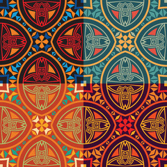 collection of four colorful tribal ethnic seamless patterns