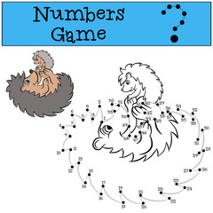 Children games: Number game. Mother hedgehog with little cute baby hedgehog. Dots with contour.
