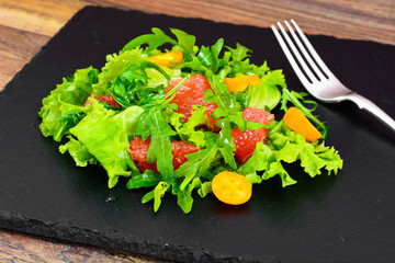Juicy Fresh Green Salad of Lettuce, Arugula, Gapefruit and Kumqu