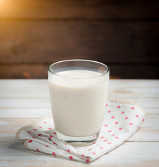 Milk in jar and glass on the old wooden,morning light