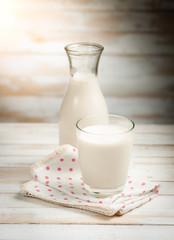 Milk in jar and glass on the old wooden,morning light