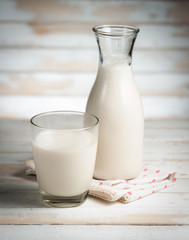Milk in jar and glass on the old wooden,morning light
