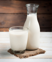 Milk in jar and glass on the old wooden,morning light