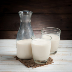 Milk in jar and glass on the old wooden,morning light