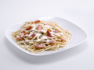Close up of a plate of spaghetti carbonara