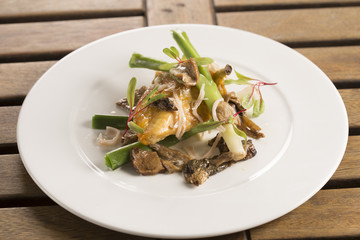 Corn fed chicken with cider, baby leeks & wild mushrooms 
