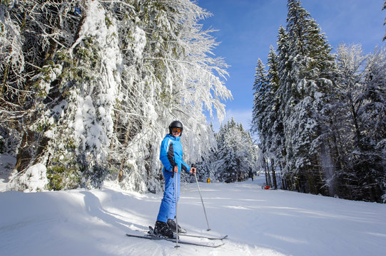 Wide low point of view shot of happy woman skier on a ski slope in the forest with big beautiful trees covered in snow. Winter sports concept. Carpathian Mountains, Bukovel