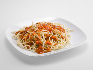 Close-up of a plate of spaghetti bolognese