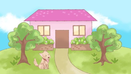 Animation doodle cartoon of a lonely dog pet waiting desperately for the family member for attention and care at the sweet home entrance in 4k. Your pet got only you heartbreaking concept.