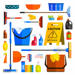 Vector set of cleaning tools. Flat design style.