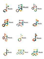 Music note logo set, flat thin line geometric icons