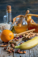 Products for making granola. Rustic style.