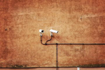 Security cameras on wall.