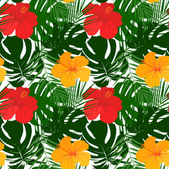 Vector seamless pattern with silhouette of tropical leafs 