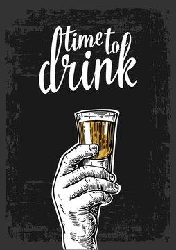 Male hand holding a shot of alcohol drink. Vintage vector engraving illustration for label, poster, invitation to a party. Time to drink. Dark background.