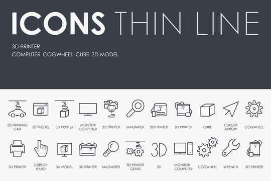 Three D Printer Thin Line Icons