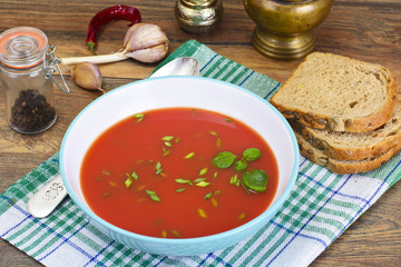 Tomato Soup with Basil in Plate. National Italian Cuisine
