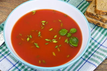 Tomato Soup with Basil in Plate. National Italian Cuisine