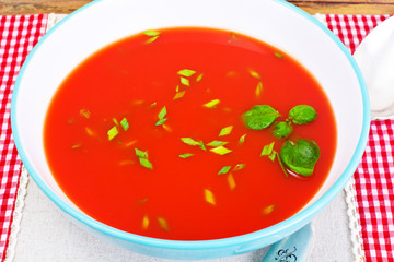 Tomato Soup with Basil in Plate. National Italian Cuisine