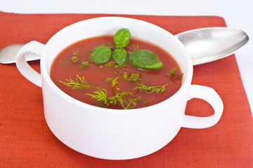 Tomato Soup with Basil in Plate. National Italian Cuisine