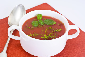 Tomato Soup with Basil in Plate. National Italian Cuisine