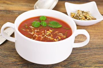 Tomato Soup with Germinated Grain in Plate. National Italian Cui
