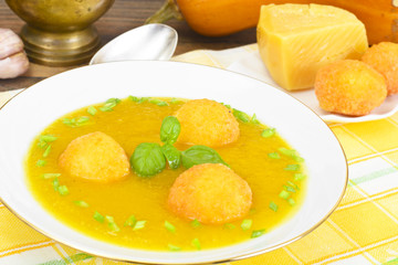 Carrot, Pumpkin Cream Soup with Cheese Balls Diet Food