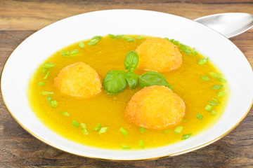 Carrot, Pumpkin Cream Soup with Cheese Balls Diet Food