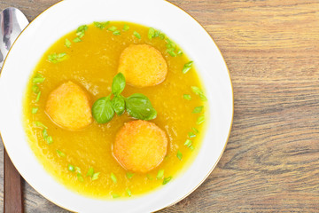 Carrot, Pumpkin Cream Soup with Cheese Balls Diet Food